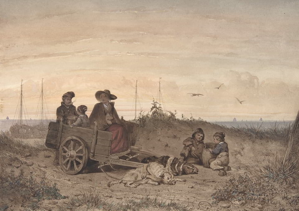 一个渔夫的家人在海滩上，母亲和一个孩子坐在一辆手推车上