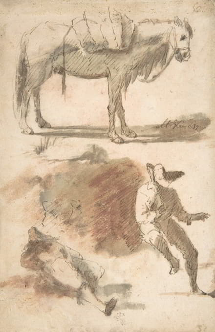 Domenico Gargiulo - Sheet of Studies; A Horse Above, a Seated Man and a Reclining Man Below