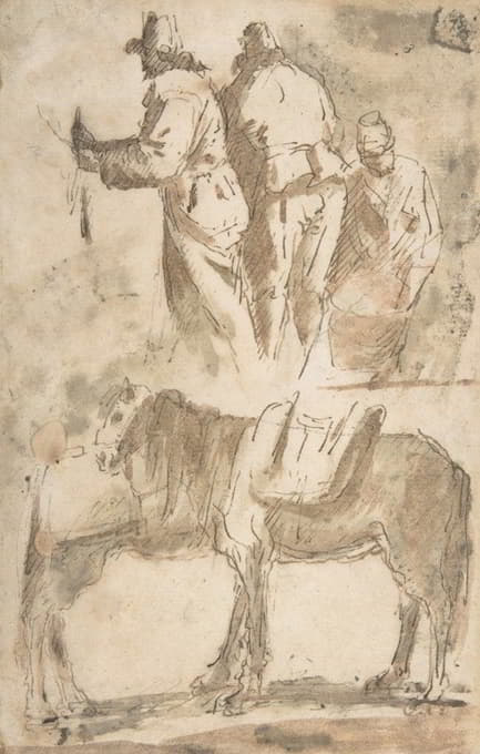 Domenico Gargiulo - Sheet of Studies; Three Figures Above, Studies of Horses Below