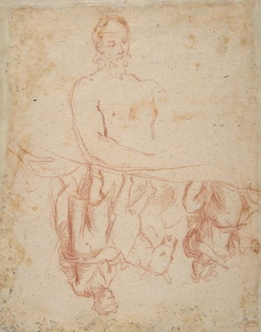 Salvator Rosa - half-length study of bearded nude male figure, and a man and woman with donkey