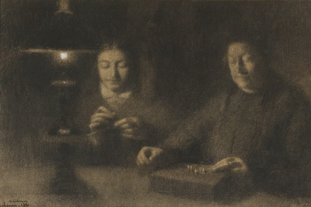 Albert Lebourg - The Mother and Wife of the Artist Sewing by Lamplight (La mère et la femme de l’artiste cousant à la lumière d’une lampe)