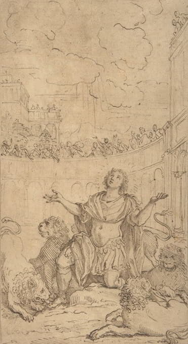 圣庞齐亚诺在一个圆形剧场里，与狮子接触