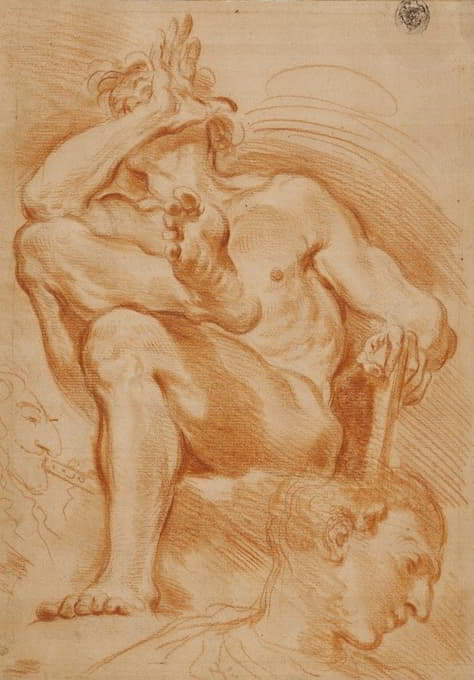 Domenico Maria Canuti - Sheet of Studies; A Seated Nude Man, A Youthful Head and a Caricature Head of a Man Playing a Pipe