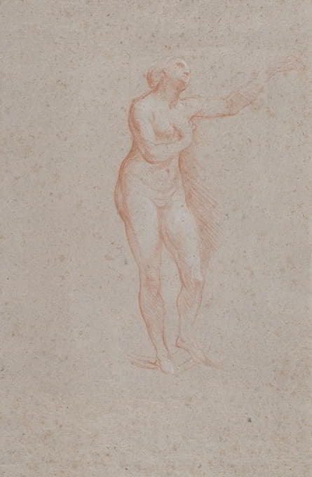 一个站着的裸体女性的招手姿势向左转的习作