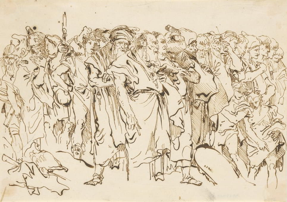 Giovanni Domenico Tiepolo - A Crowd of Ancient Warriors, Orientals, and Two Boys, Gathering for a Sacrifice