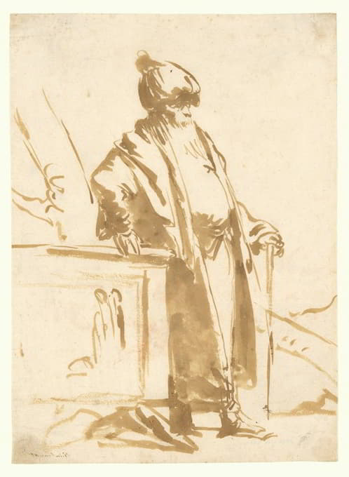 Giovanni Domenico Tiepolo - An Old Man in Oriental Dress, Standing by a Pagan Altar