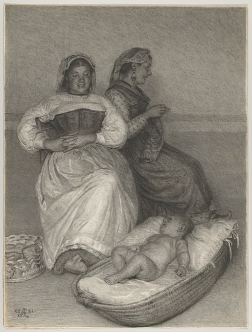 两个坐着的意大利妇女，在摇篮里抱着一个婴儿