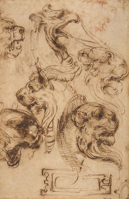 Pellegrino Tibaldi - Six Studies of Animal Heads and of a Cartouche
