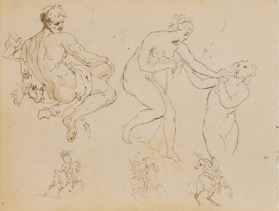 两个女性裸体；坐着的男性裸体