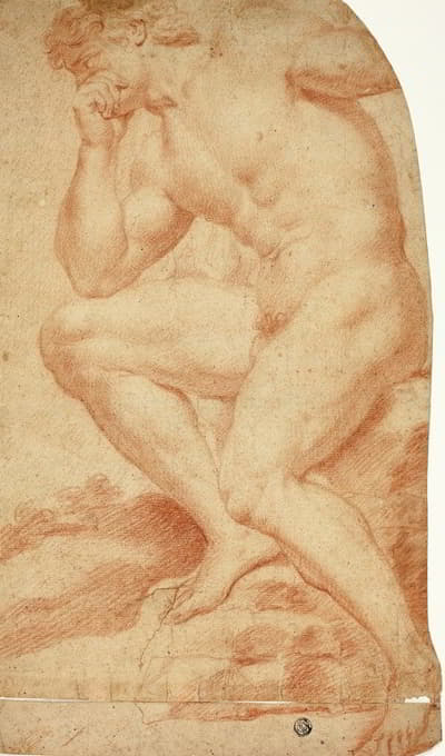 Andrea Camassei - Seated Academic Male Nude in Profile to Left