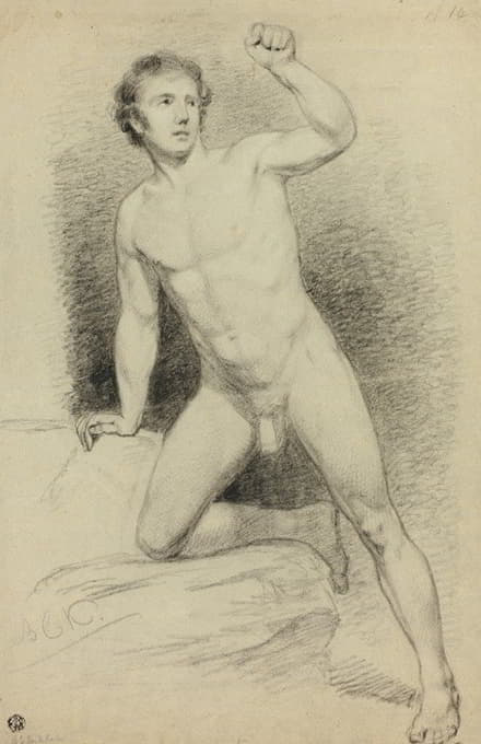 Barend Cornelis Koekkoek - Academic Male Nude Leaning on Platform