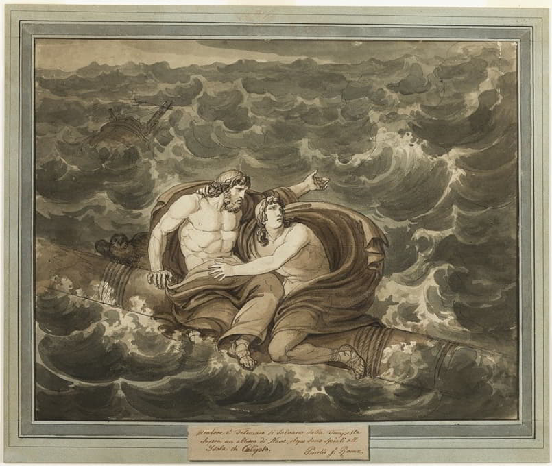 Bartolomeo Pinelli - Mentor and Telemachus, Having Survived the Storm, Are Spirited to the Island of Calypso on a Mast, from The Adventures of Telemachus, Book 6