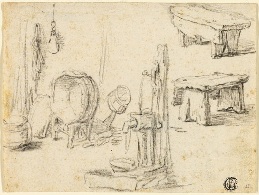 Circle of Adriaen van Ostade - Sketches of Pump, Washtub, Benches
