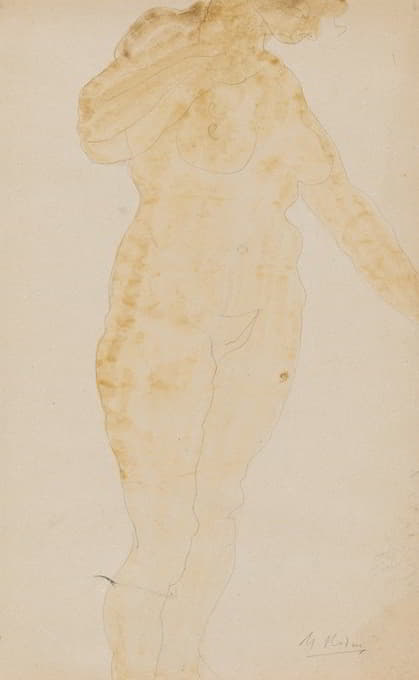 女性裸体站立，左臂伸展