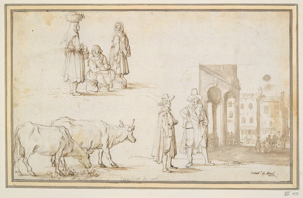 Cornelis De Wael - Studies of Two Cows, Figures, and Street Scene