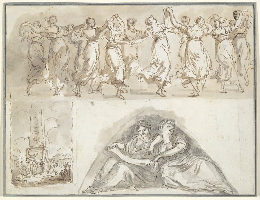 一张素描；舞女的雕带，方尖塔脚下的舞女，以及两个坐在吊坠中的女性形象