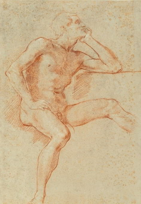 一个裸体男性坐着，下巴搁在左手上的习作