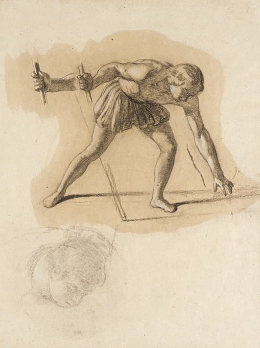John Vanderlyn - Crouching Male Figure Holding Staff