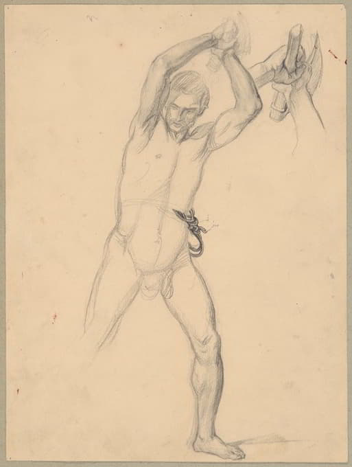 《圣马提亚殉道》的裸体素描，向刽子手挥舞着斧头（直斧）和石头（竖斧）
