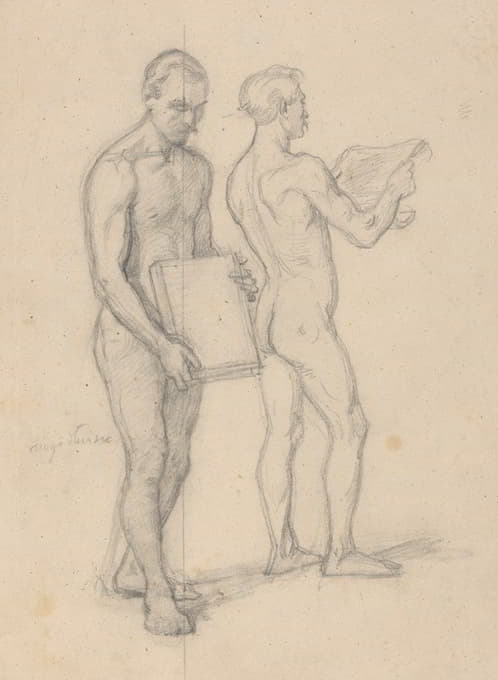 对特钦的贾科和站在他身后的画《贾德维加女王的誓言》的男子的裸体研究