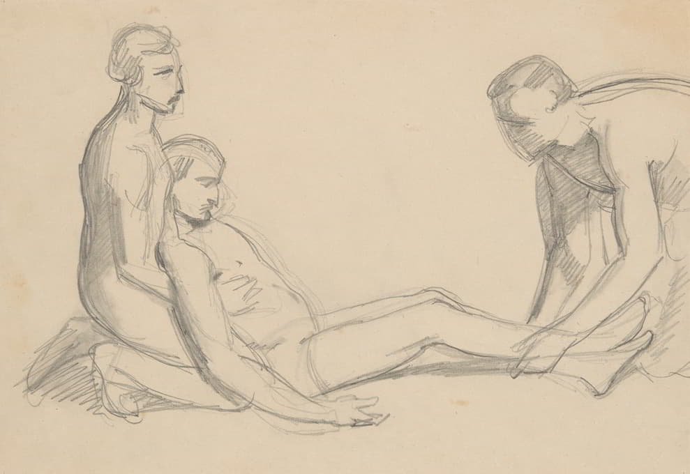 裸体男子与尼哥底母和亚利马太的约瑟夫一起前往现场的素描，将基督的尸体支撑在绘画“安葬”上