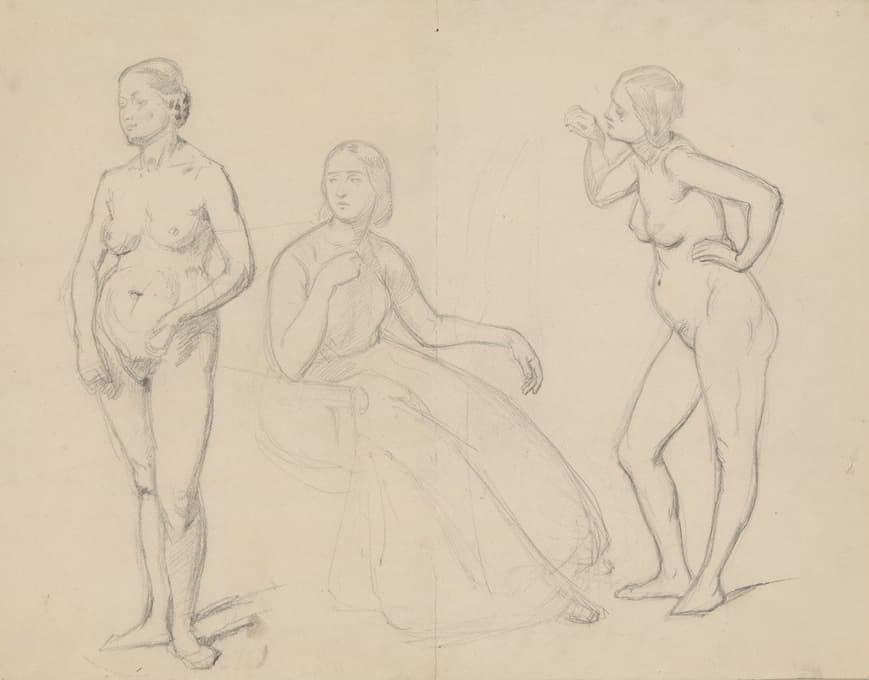 Józef Simmler - Study of the figure of Queen Bona and two nude studies of court ladies for the painting ‘The Upbringing of Sigismund Augustus’