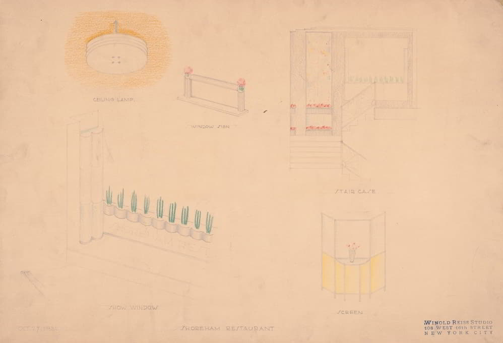 Winold Reiss - Designs for interior of Shoreham Restaurant. Perspectives and elevations for ceiling lamp, show window, window sign, staircase, and screen renderings