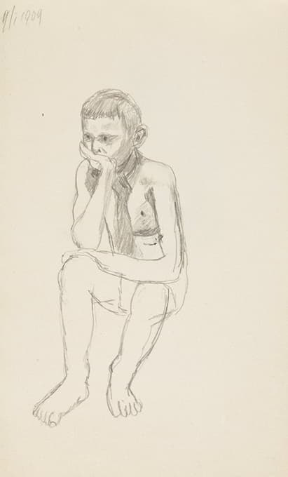 Adolf Sternschuss - akt siedzącego chłopca podpierającego twarz dłonią