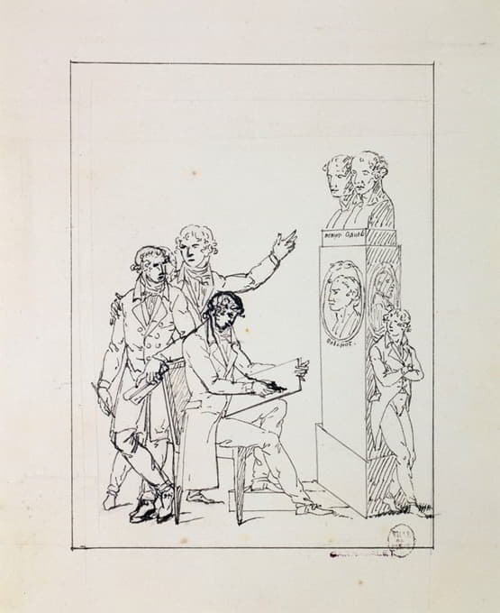 Guillaume Boichot - Hommes dont un dessinant auprès d’un monument à Denon, Gauté et Boichot