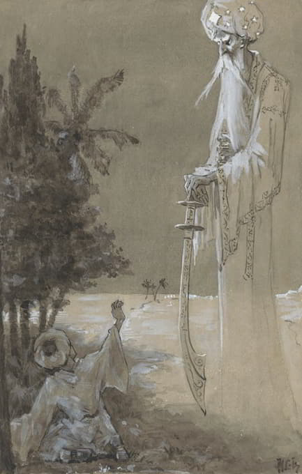 H.C. Louwerse - Lange man met baard kijkt neer op een zittende jongen