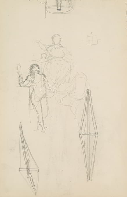 女性站立在女性坐姿前的草图，木制华尔兹横截面图