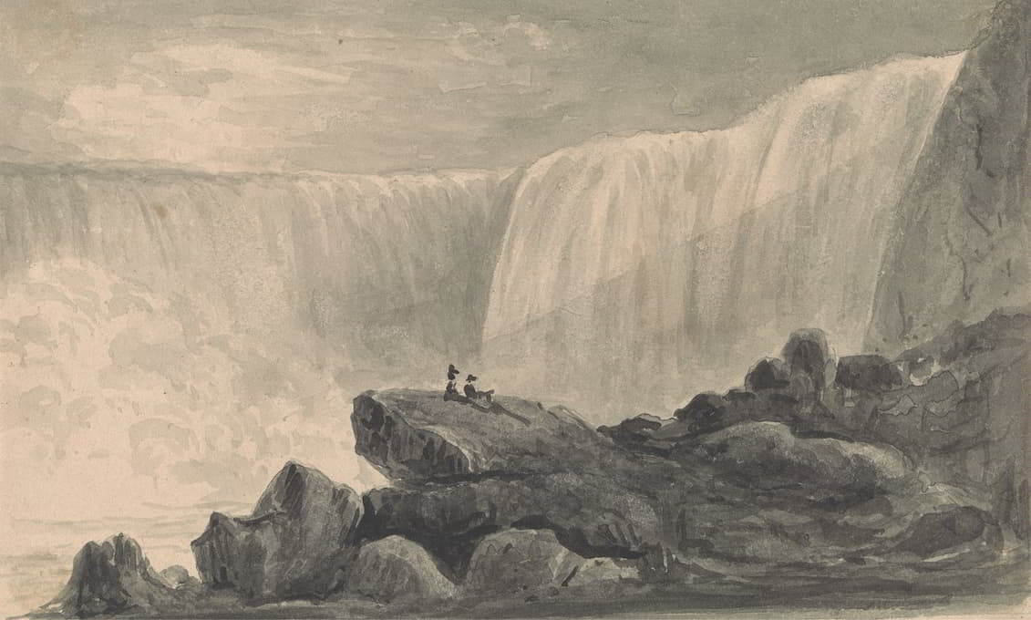 鸟瞰尼亚加拉瀑布，两个人坐在岩石中心的前景上