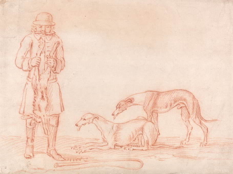 一个猎人抱着一只死兔子，两只灰狗在旁边看着