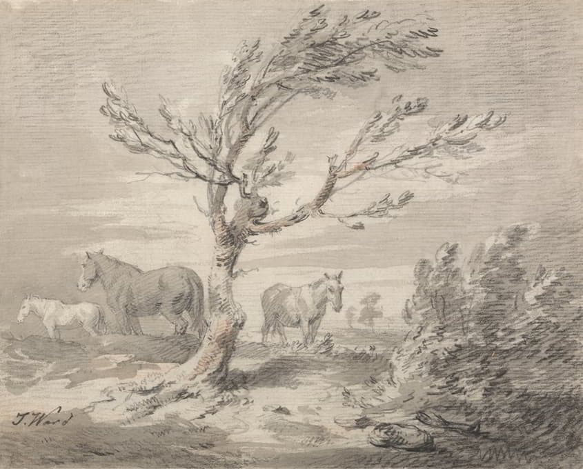 前景中有三匹马和一棵树的景观
