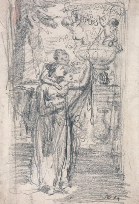 两个女孩（或女士和孩子）在花园露台上，靠近一个装饰性的瓮
