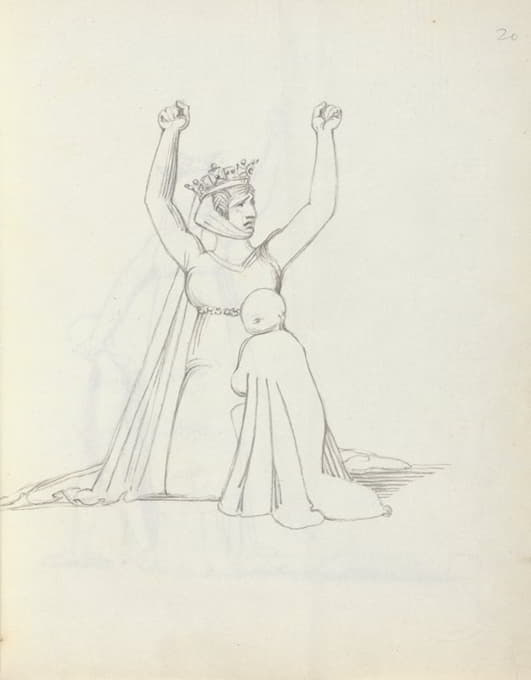 John Flaxman - Mrs. Siddons kneeling with arms raised over her head, hands are curled into fist