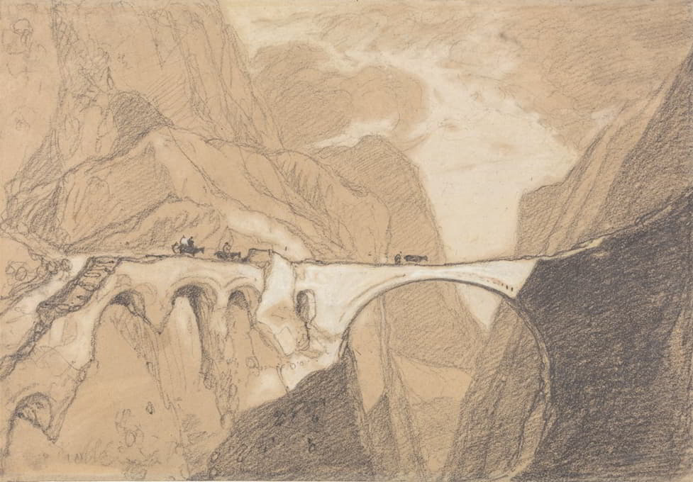 John Sell Cotman - Travellers Crossing a Bridge over an Alpine Gorge