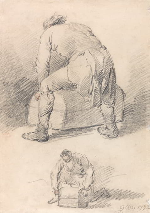 George Morland - A Man Lifting a Trunk, Two studies on one sheet