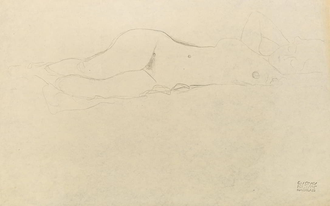 Gustav Klimt - Reclining female nude with her hands behind her head