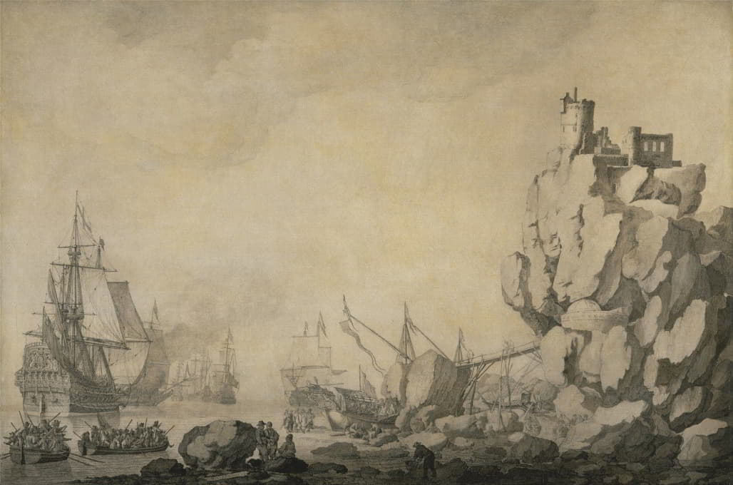 Willem van de Velde the Elder - Ships and Militia by a Rocky Shore