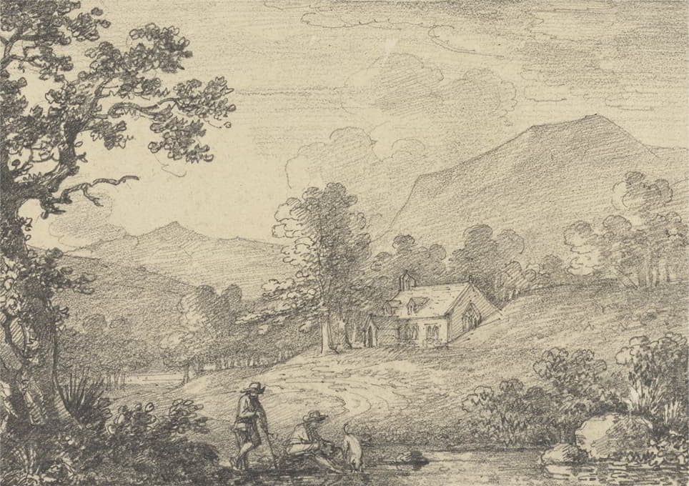 山丘景观中池塘和教堂旁边的两个人物