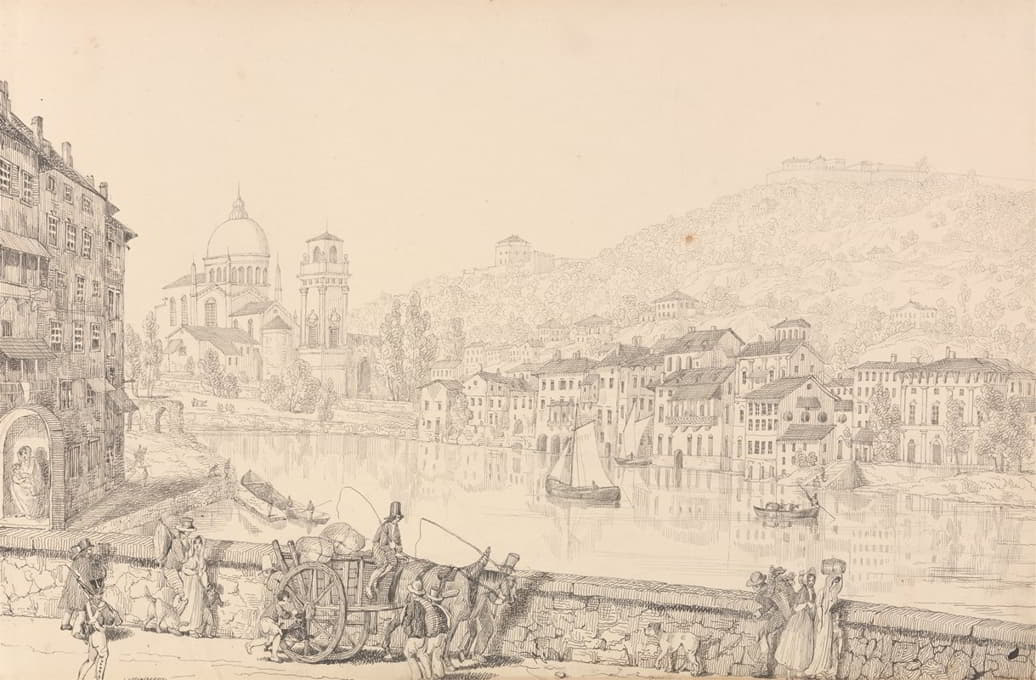Sir Charles D'Oyly - City of Verona and Church of San Giorgia looking to the left on the Bridge