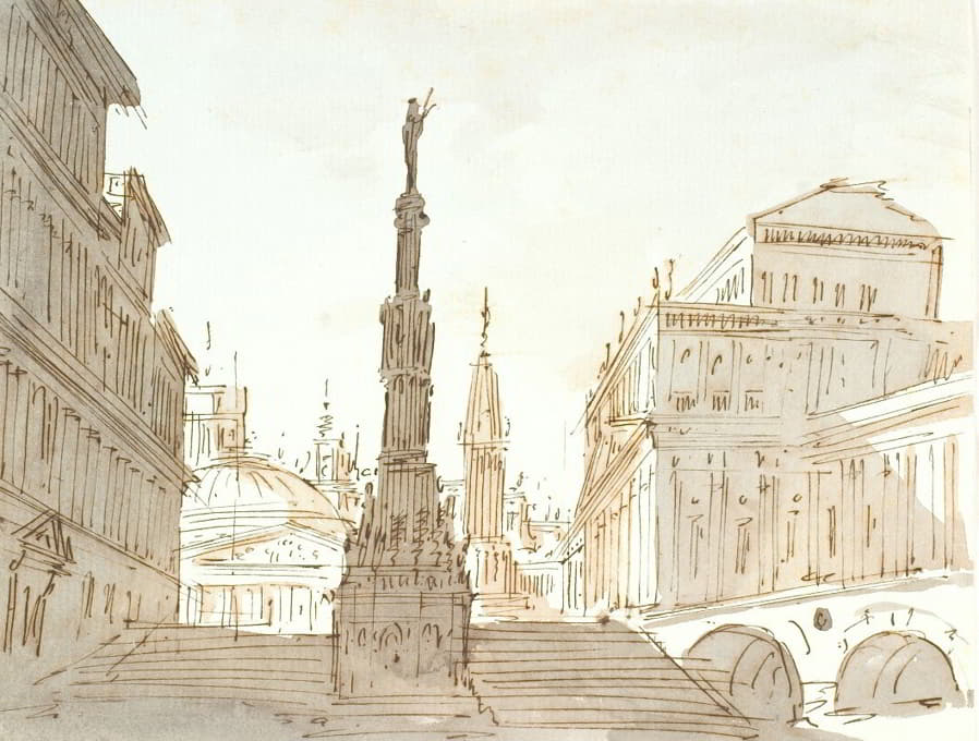 Aron Wallick - Trappe med søjle omgivet af paladser og kirker