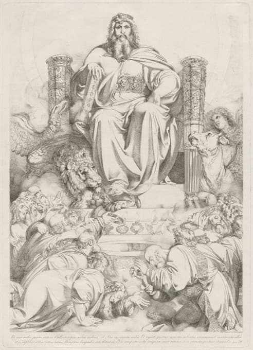 埃切·塞德斯·波西塔·埃拉塔在科埃洛……（国王陛下的圣子，坐在宝座上，四周环绕着四种生物，由二十四位长老崇拜）