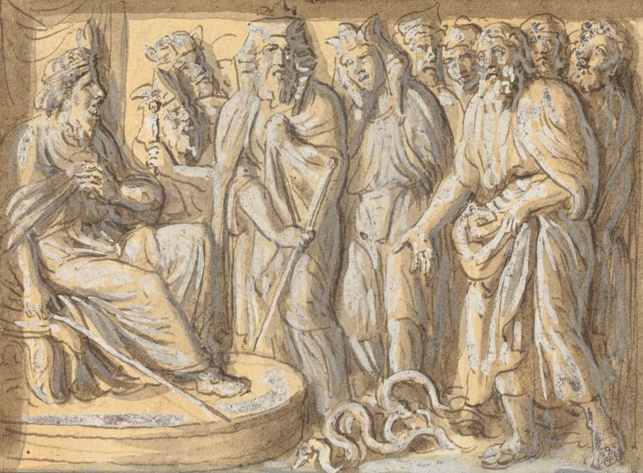 摩西和亚伦站在法老面前，杖变为蛇