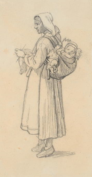 Wilhelm Marstrand - Strikkende svensk kone med et barn på ryggen