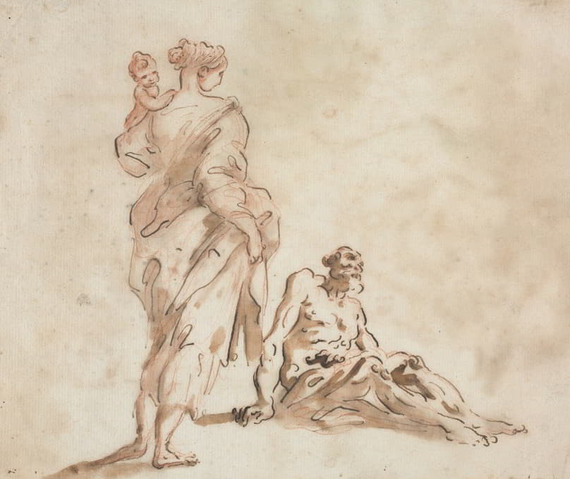 一个站着抱着孩子的女人，一个坐在她脚边的男人