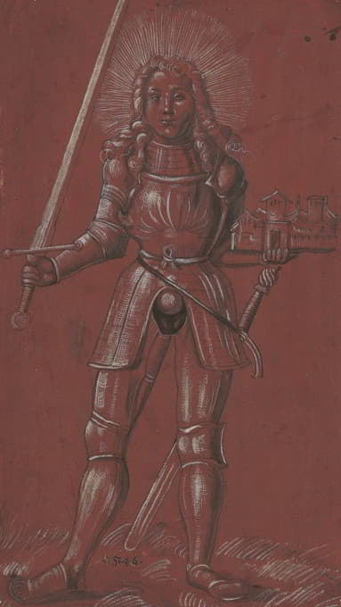 Hans Hug Kluber - Ritterlicher Heiliger, in der rechten Hand ein Schwert und in der Linken ein Kirchenmodell haltend