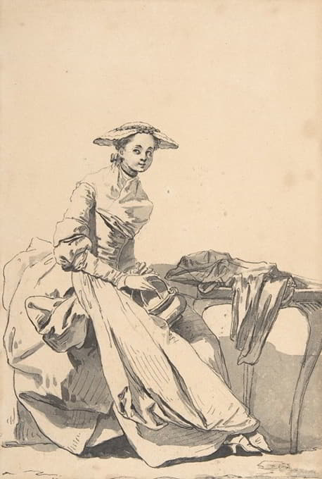 佛罗伦萨妇女，戴蝴蝶帽，手持暖手器