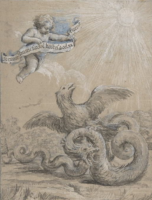 Pietro da Cortona - Design with an Eagle Fighting with a Serpent and a Putto in the Sky Holding an Inscribed Banner